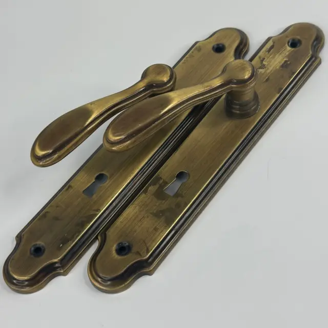 Traditional French Pair Of Brushed Brass Metal Handles For Internal Doors