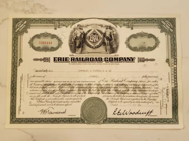 Erie Railroad Cancelled Stock Certificate