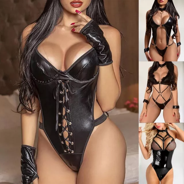 Sexy Women's Lingerie Jumpsuit Wet look Faux Leather Catsuit