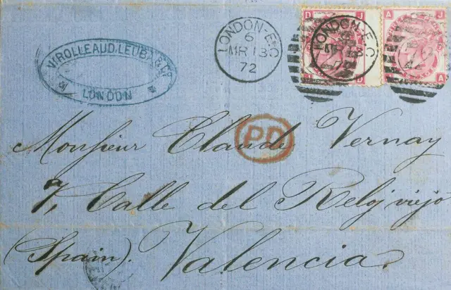 Groß Britannien. Umschlag Yvert 33 (2) . 1872. 3 P Rosa Bügeln 7, Pareja. London