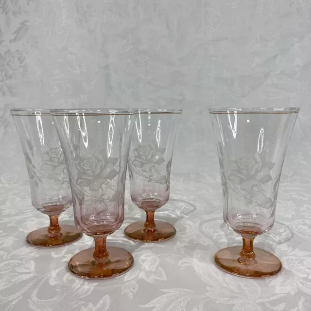 Vintage Pink Champagne/Parfait Glasses with Etched Rose - Set of 4