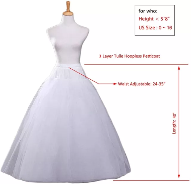 RULTA UK White 3-Layers Tulle Hoopless Wedding Dress Underskirt Petticoat ES