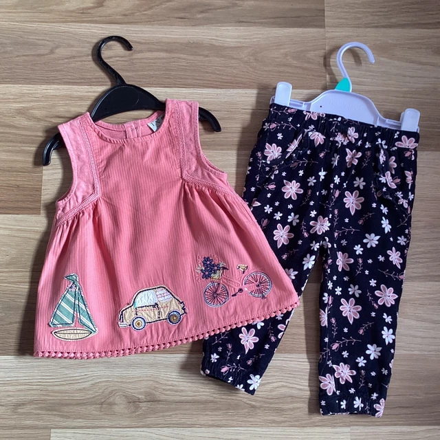 Baby Girl Clothes 9-12 months Preloved Pink Smock Style Top Floral Trousers