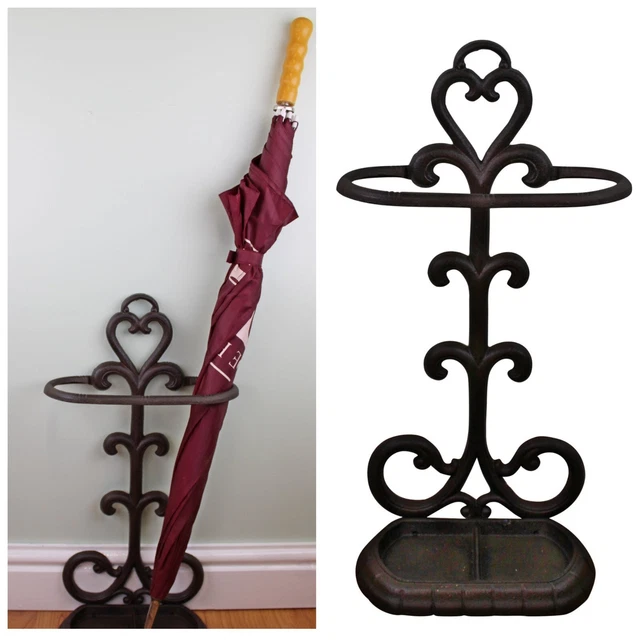 RUSTIC CAST IRON Umbrella Stand Scroll Design Drip Tray Walking Sticks