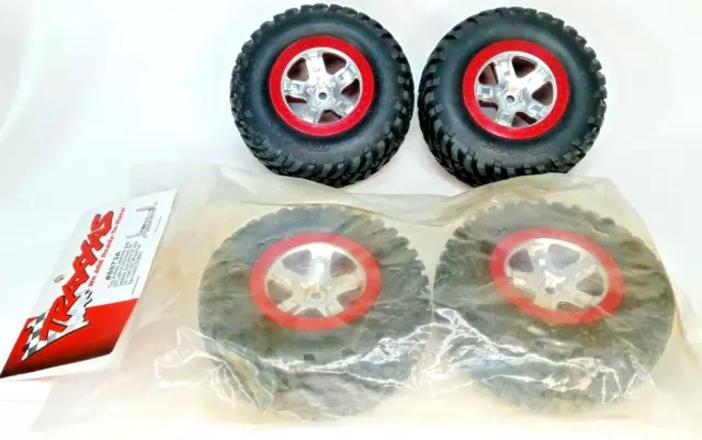 4 TRAXXAS #5873A Tires & Wheels Satin Chrome/Red Beadlock Dual Profile NOS