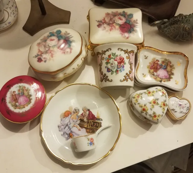 Lot Of 12 Piece Limoges France Porcelain Trinket Boxes,dishes,hearts,Vase,mirror