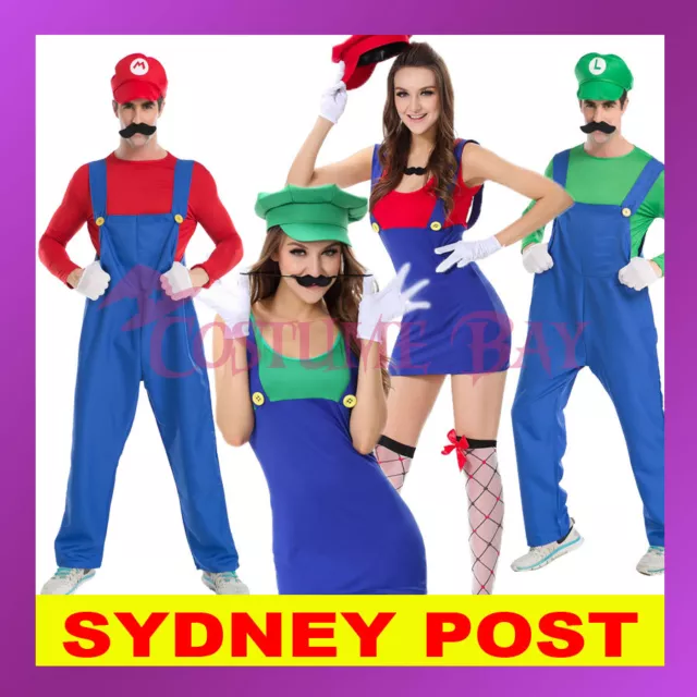 Womens Mens Kids Super Mario Luigi Brothers Plumber Mushroom Nintendo  Costume