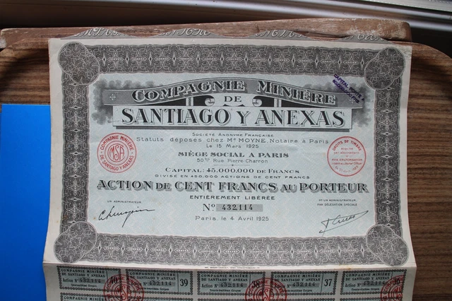 'Action de 100 francs au porteur  "compagnie minière de SANTIAGO Y ANEXAS" 1925