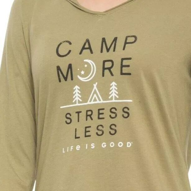 NWT Women's Life Is Good Camp More Stress Less Green Lightweight LS Hooded Tee