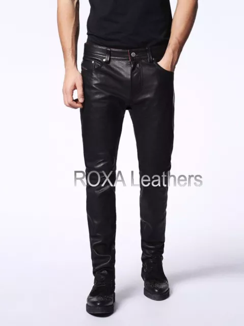 Men's Straight Black Authentic Sheepskin Soft Real Leather Pant Slim Fit Trouser