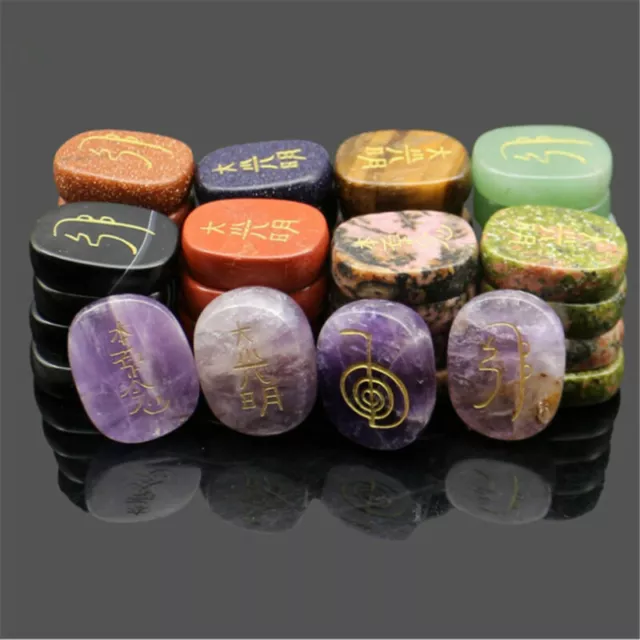 4pcs/Set 7 Chakra Palm Stone Set Engraved Usui Symbols Reiki Crystal Stones 2