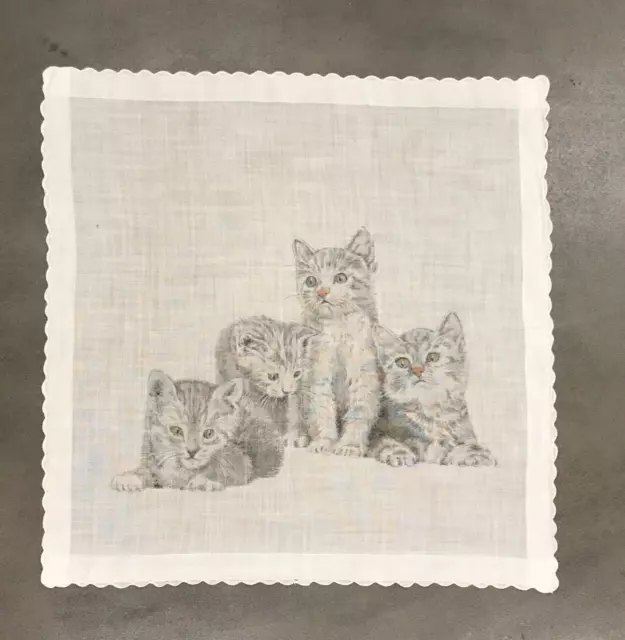 Adorable 4 Kittens Cats w/ Green Eyes Printed Vintage Cotton Hankie Handkerchief