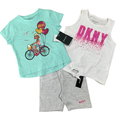 Girls 3 Piece DKNY 2 Tops & 1 Shorts Set 100% Cotton Baby Age 1 - 8 Years