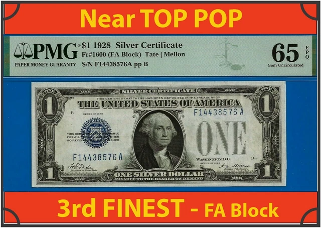 ✅Near TOP POP - 1928 $1 S/C (( 3rd Finest 🔴 FA Block )) PMG 65EPQ # F14438576A