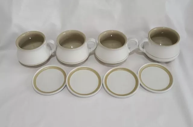 Vintage Denby Bourne Studio Ode Tan Stoneware 4 Teacups Saucers /Coaster England