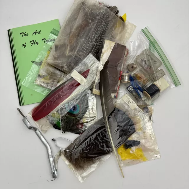 Large Lot - FLY TYING MATERIALS - Vice, Feathers, Weights, Hooks, Book LOT!!