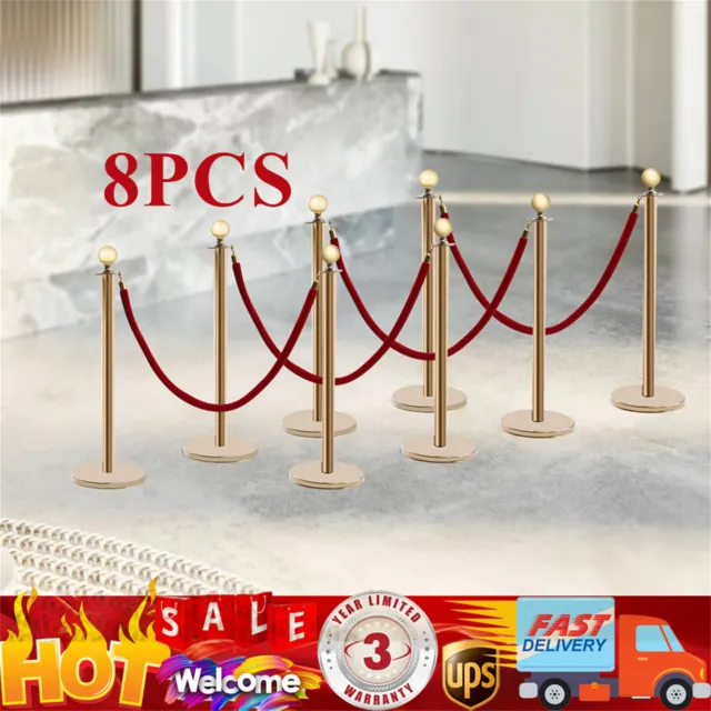 8 PCS Crowd Control Stanchion Gold Posts Set w/ Red Velvet Rope Queue Barrier us