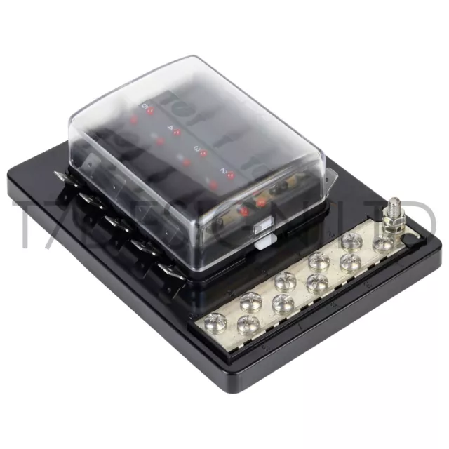 12v 24v 10 Way Blade Fuse Box Holder with LED & Earth busbar