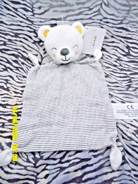 J/ Doudou Simba Toys Kiabi Ours Dormeur Blanc Gris Raye Jaune Lange 25Cm Neuf