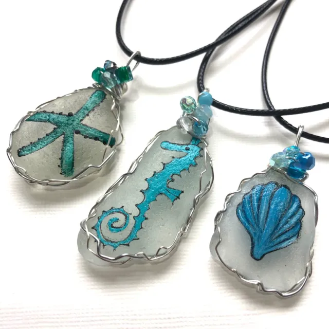 SEA GLASS Beach themed Hand Painted Seahorse Starfish Shell necklaces and stud e