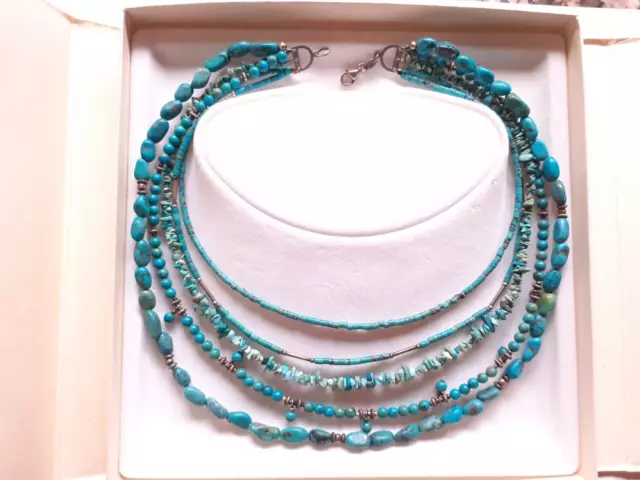 Magnifique collier 5 rangées de perle de turquoise véritable en argent 925