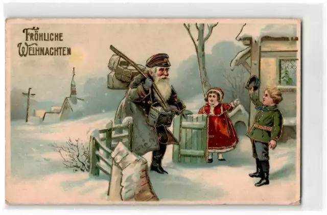 AK gelaufen fröhliche Weihnachten, Weihnachtsmann, Kinder, Winterlandschaft