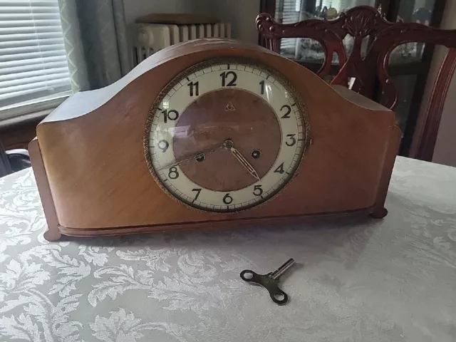 Lrg Vintage German Heco Henry Coehler Wooden Mantel Clock Working Art Deco Clock