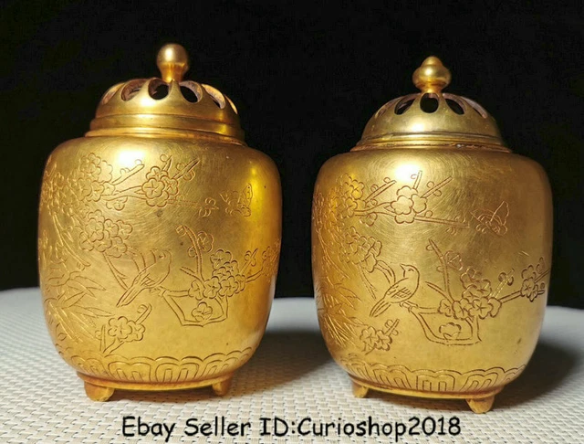 5.8" Marked China Bronze 24K Gold Gilt Flower Birds Incense Burner Censer Pair