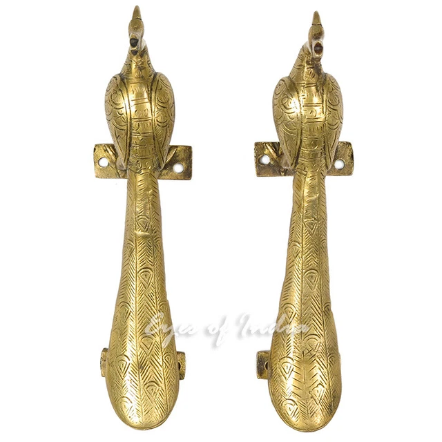 9" Pair Brass Peacock Door Handles Cabinet Pulls Bronze Antique Indian Bohemian