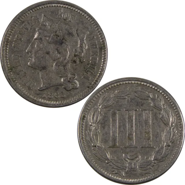 1865 Nickel Three Cent Piece XF EF Extremely Fine 3c SKU:I2731