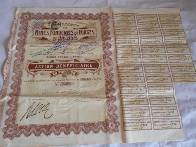 Vintage share certificate Stocks Bonds actions Mines fonderies forges D'Alais