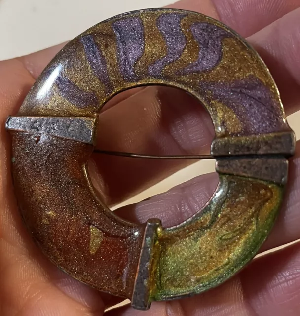 Vintage Metal Enamel Shimmery Round Brooch 2 1/4”