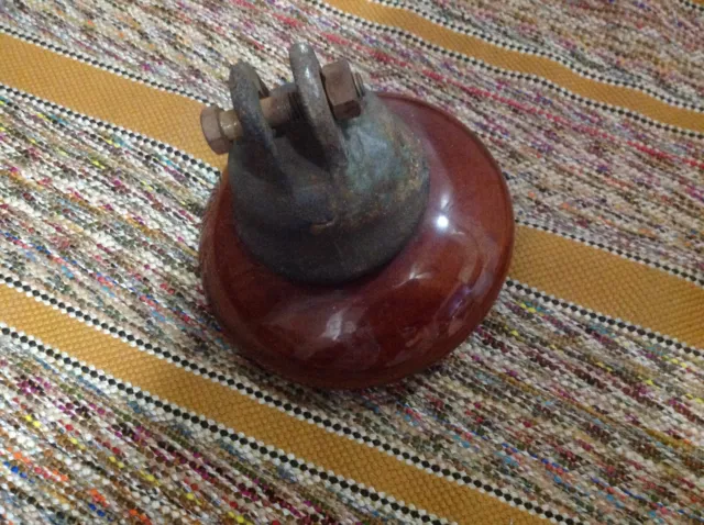 Large Vintage Brown Porcelain High Voltage Power Line Insulator Heavy Cast Iron 2