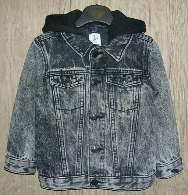RIVER ISLAND Boys Black Grey Hooded Denim Jacket Coat Age 18-24 Months