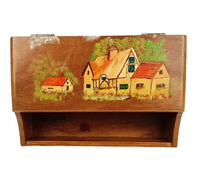 Vintage Wood Spice Rack With Hand Painted Old English Houses on The Lid