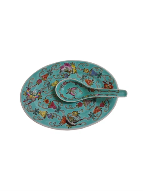 Chinese Teal Porcelain Butterflies and Flowers Design Plate and Spoon Signed