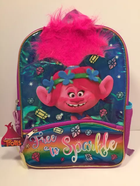 Trolls Poppy Backpack Girl Kids Full Size 16” School Book Bag Free to Sparkle