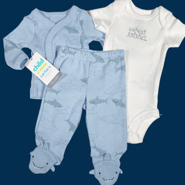 Carters Child of Mine Baby Boy Outfit Preemie Shark Top Bodysuit Footed Pant Set