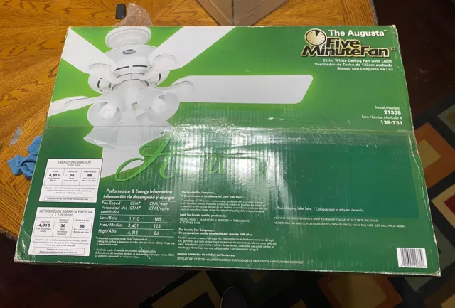 Hunter #21338 The Augusta Five Minutefan  52 in. Ceiling Fan With Light. White