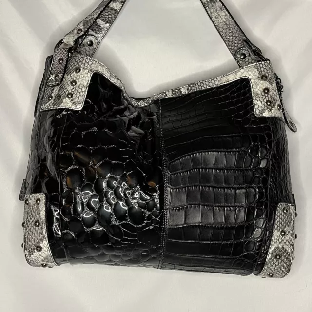 NWOT STUART WEITZMAN Black Snakeskin Croc Embossed Leather Shoulder Bag Tote