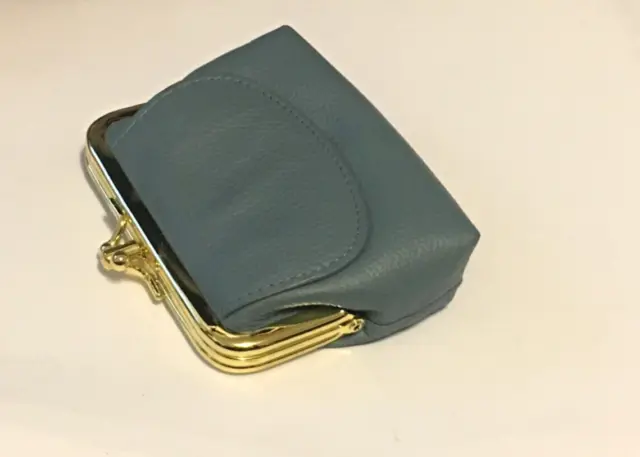 Blue  Leather Coin Purse Kiss Lock Change Wallet Key Card Holder 3 Compartment