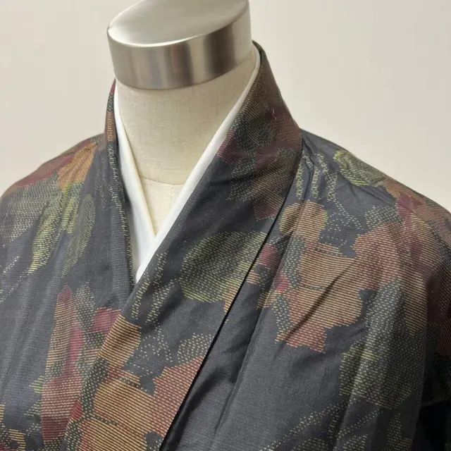 Kl54 Oshima Tsumugi Height 162.5Cm Wide Collar Japanese Kimono Pure Silk