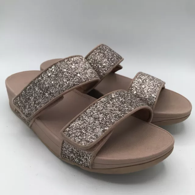 FitFlop Mina Glitter Mix Adj 2-Band Slide Sandals Sz 9 Coral Pink Rose Gold GUC
