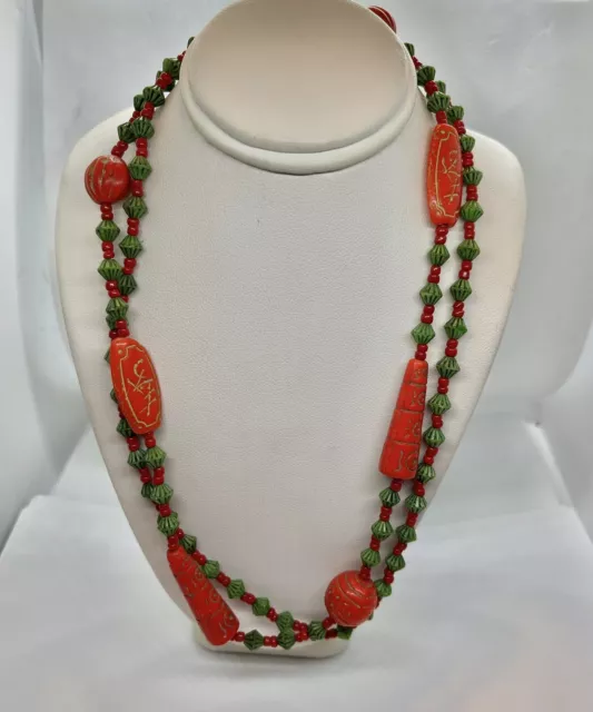 Art Deco Neiger Bros Egyptian Revival Czech Glass Beaded Flapper Necklace 33”