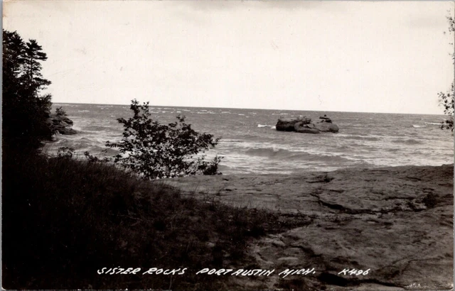 1947, Sister Rocks, PORT AUSTIN, Michigan Real Photo Postcard