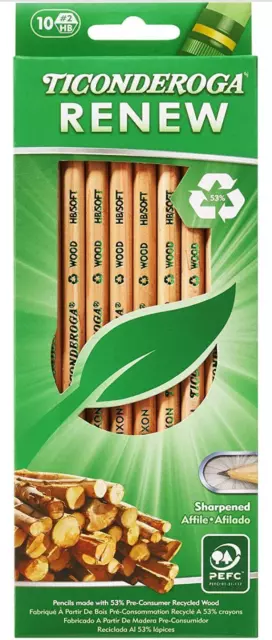 Ticonderoga Renew Wood-Cased Pencils, #2 HB Soft, Natural, 10 Count (X96110)