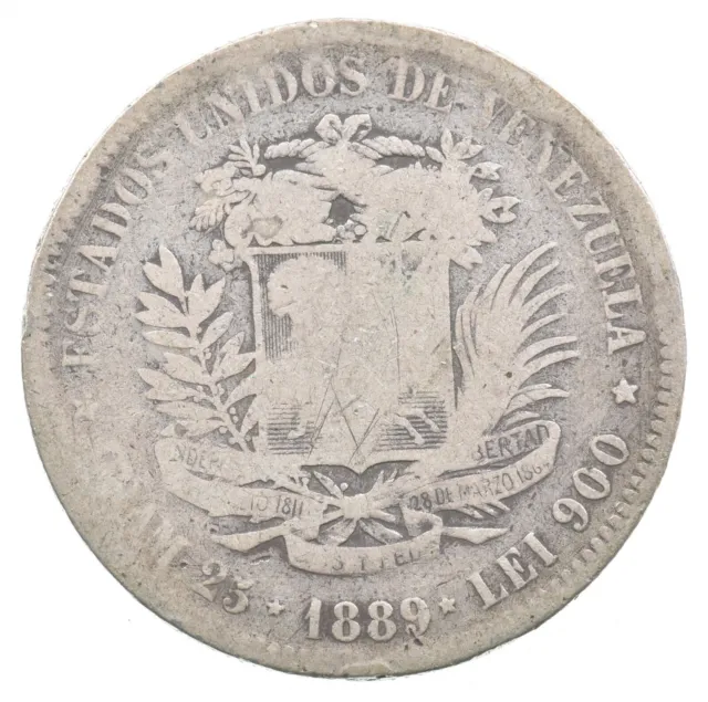 SILVER - WORLD COIN - 1889 Venezuela 5 Bolivares - World Silver Coin *289
