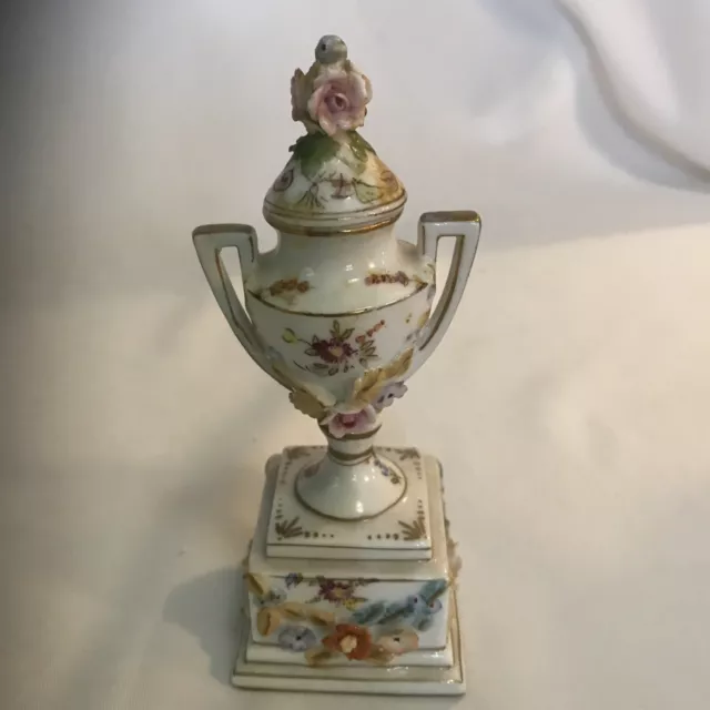 Miniature Dresden Style Porcelain Covered Urn Applied Flowers Old Sadek Mark