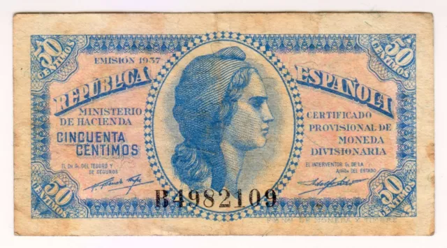 1937 Spain 50 Centimos 4982109 Paper Money Banknotes Currency