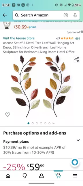 Asense Set of 2 Metal Tree Leaf Wall Hanging Art Decor, 38 Inch Iron Olive...